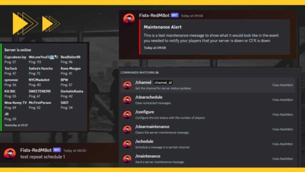 Enhance your Discord server with Redm Bot: open-source, customizable commands, scheduled messages, clear player display, and dynamic status updates.