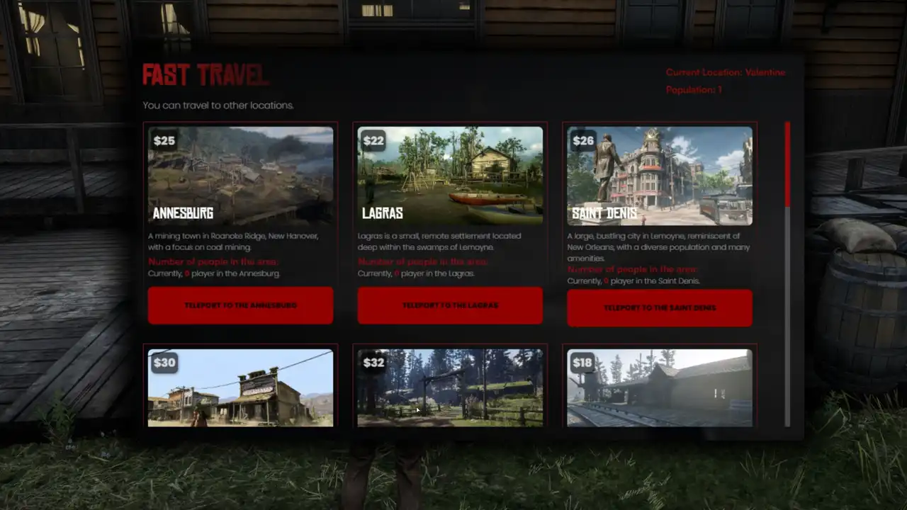 RedM fast travel system showing town selection menu and map blips